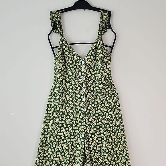Zara Green Ditsy Floral Button Front Smocked Back Wide Leg Jumpsuit M (T20) - Picture 6 of 14